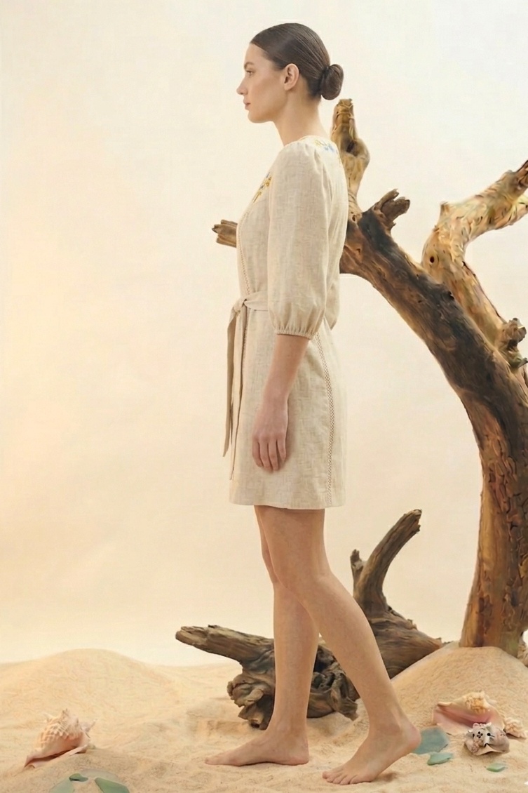 Natural Linen Embroidered Wrap Mini Dress