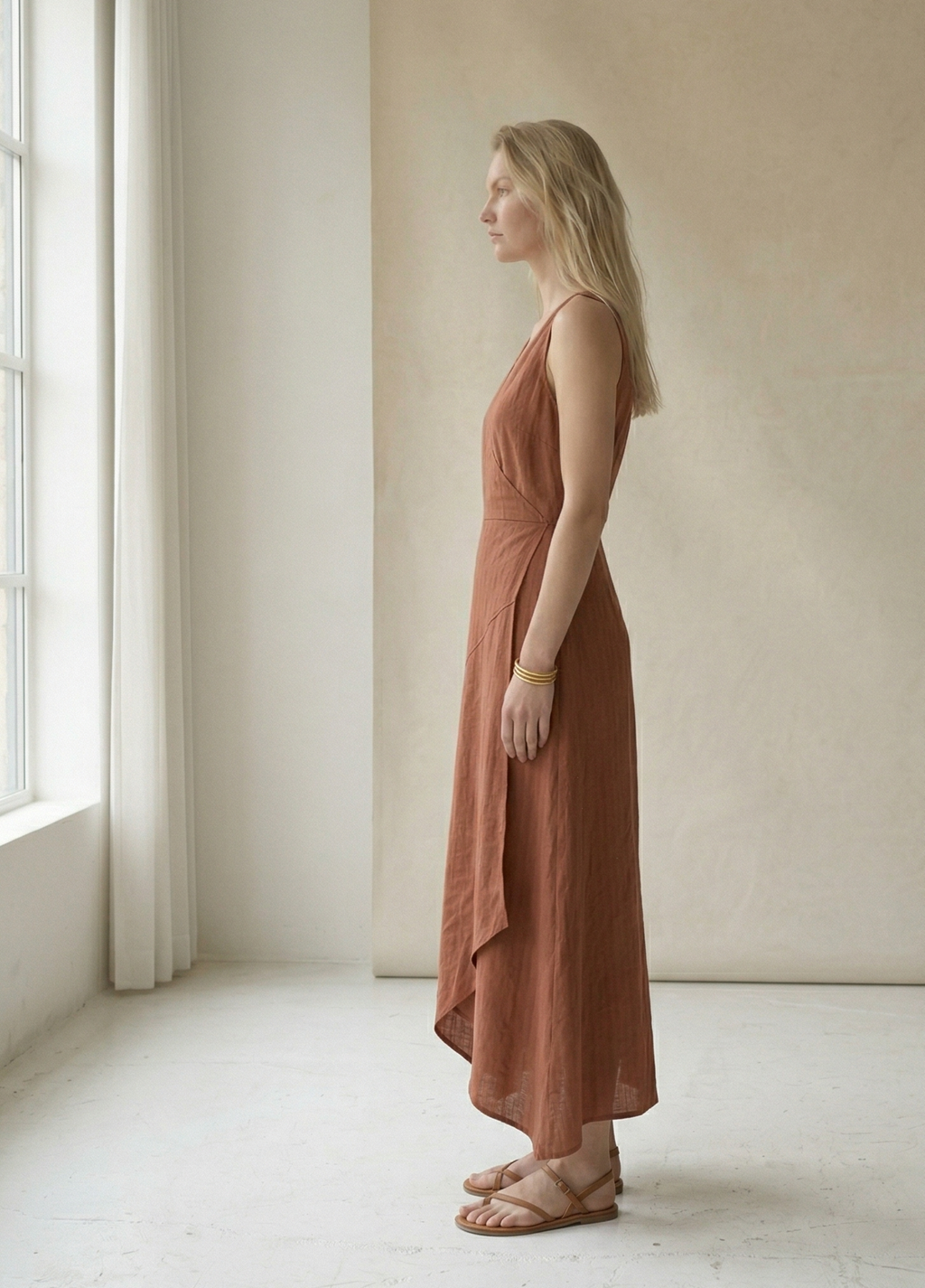 Rust Linen Wrap Midi Dress