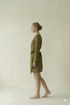 Olive Green Linen Wrap Mini Dress