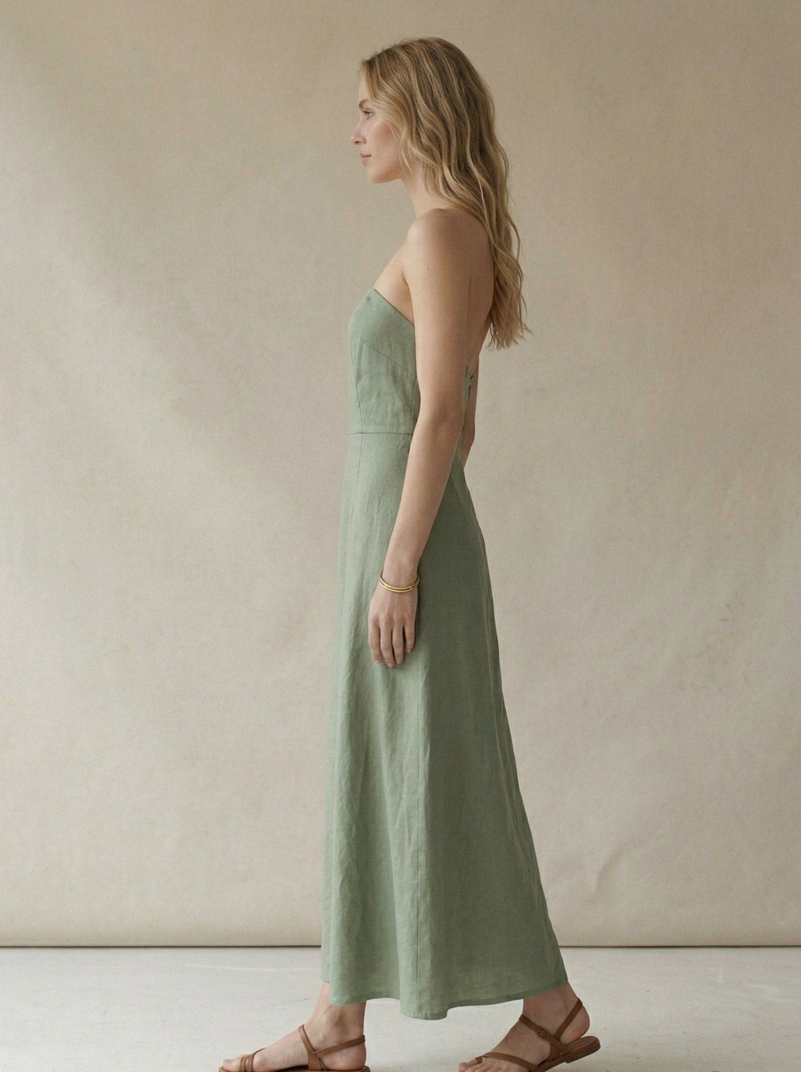 Sage Green Linen Halter Neck Midi Dress