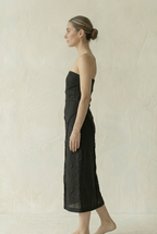Black Linen Strapless Midi Dress