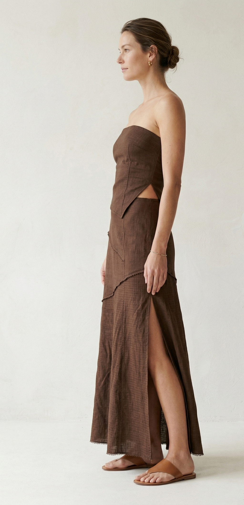 Chocolate Brown Linen Strapless Midi Dress
