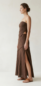 Chocolate Brown Linen Strapless Midi Dress