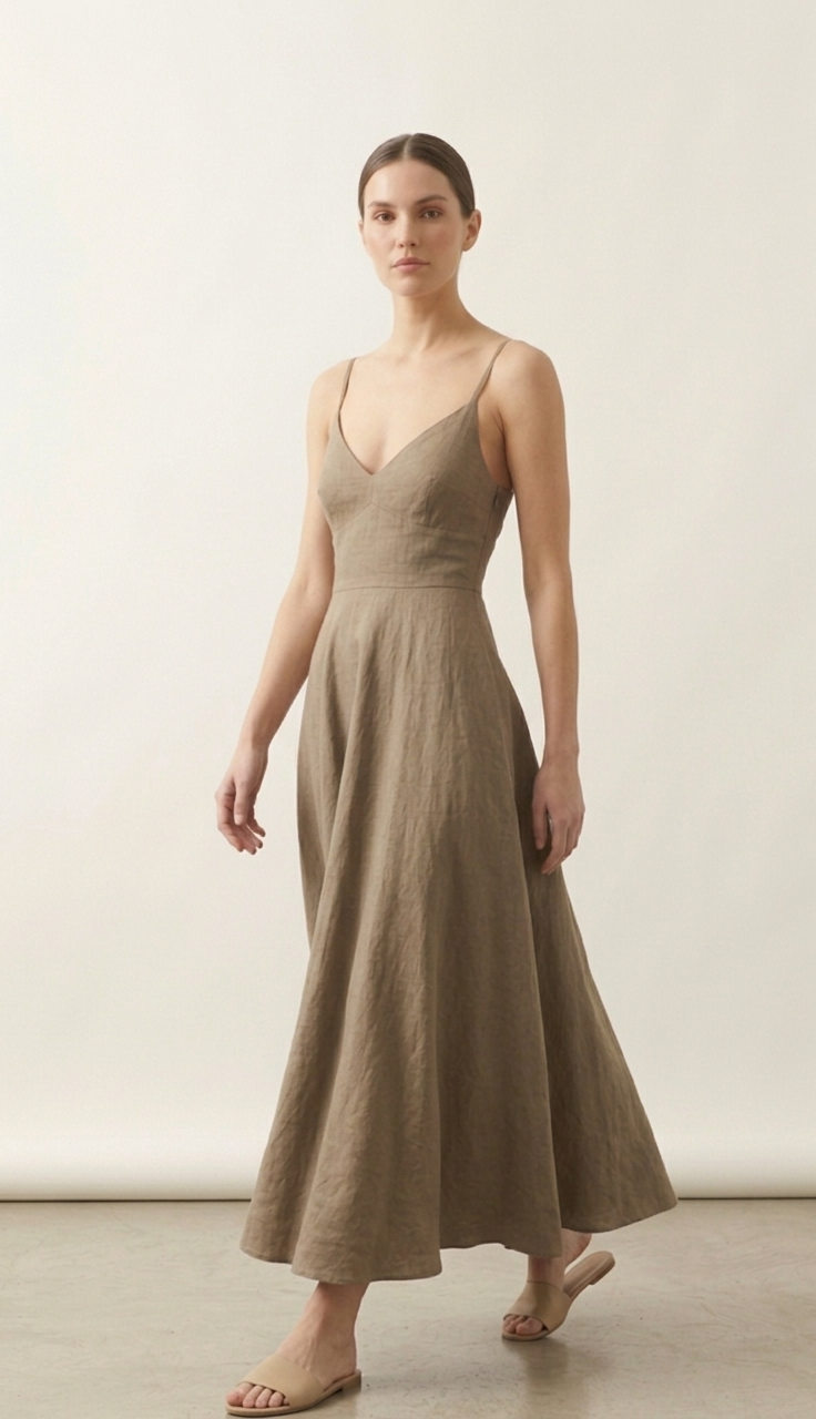 Taupe Brown Linen Maxi Dress for Women