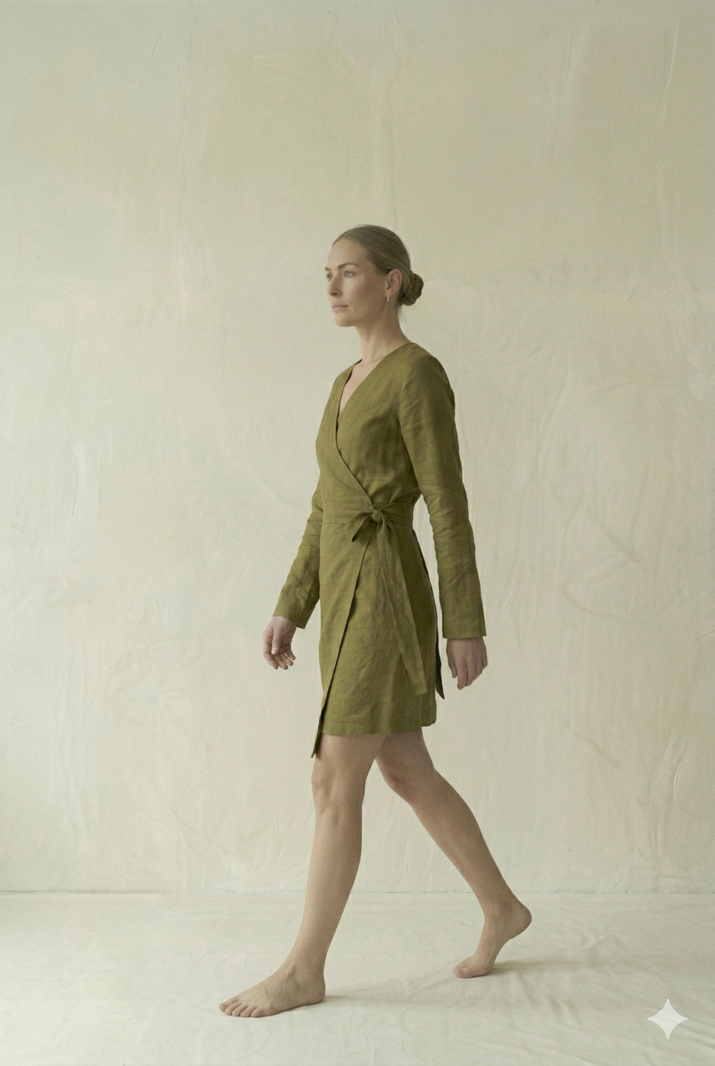 Olive Green Linen Wrap Mini Dress