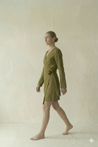 Olive Green Linen Wrap Mini Dress