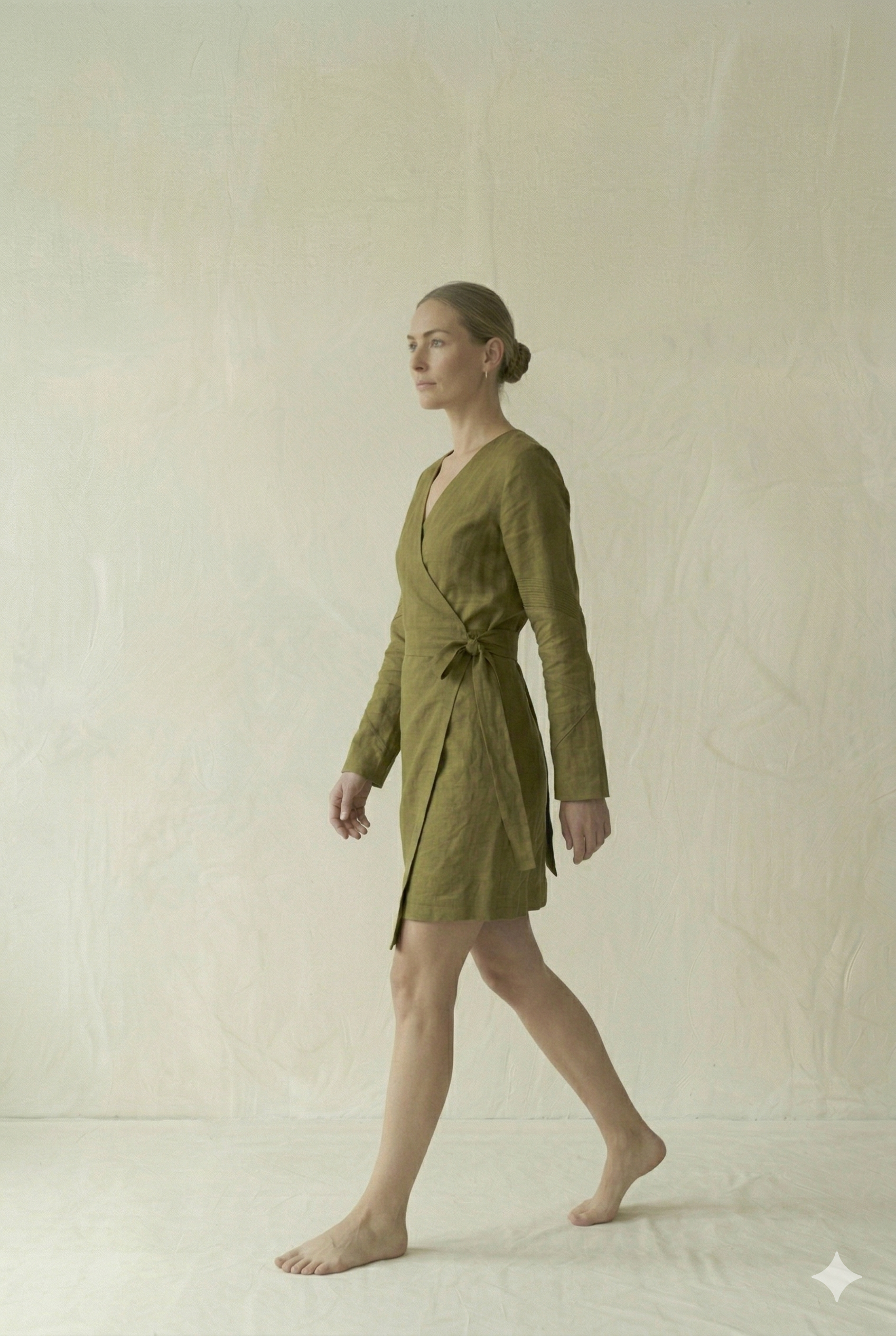 Olive Green Linen Wrap Mini Dress