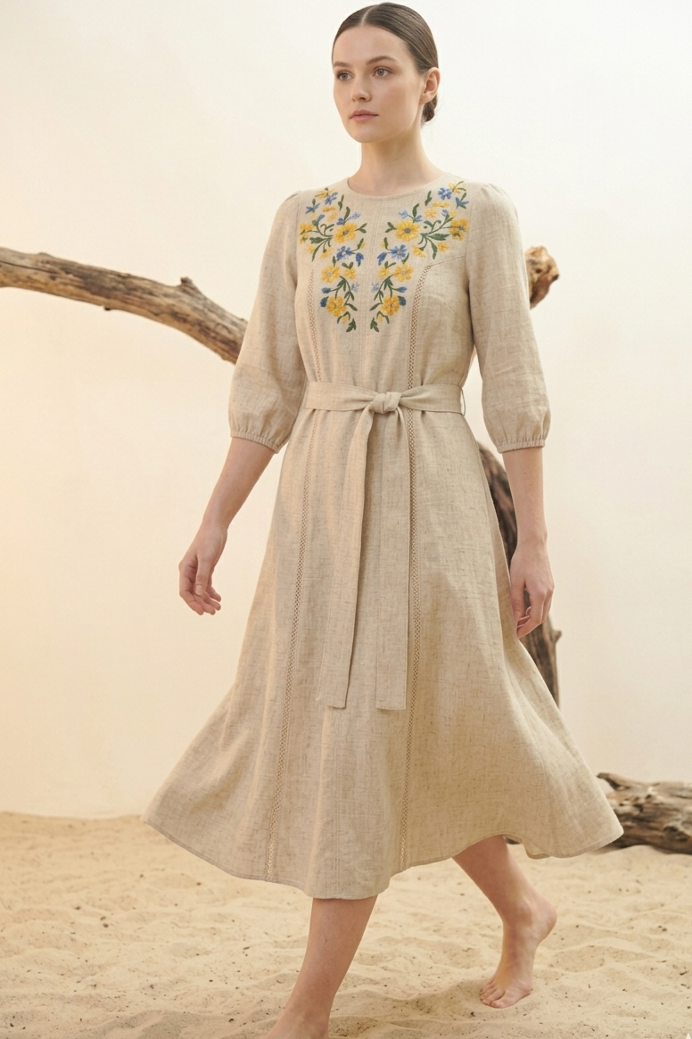 Natural Linen Embroidered Wrap Mini Dress