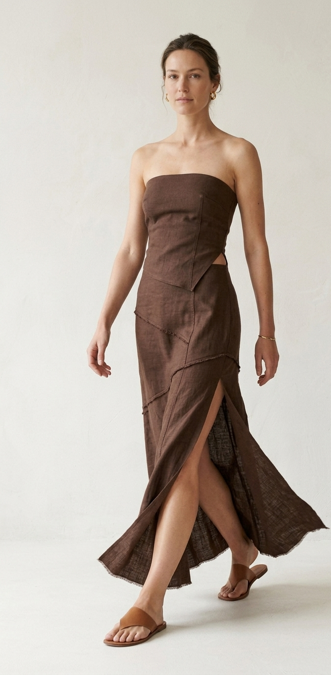 Chocolate Brown Linen Strapless Midi Dress