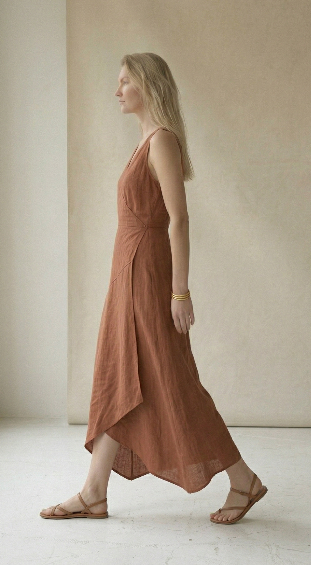 Rust Linen Wrap Midi Dress
