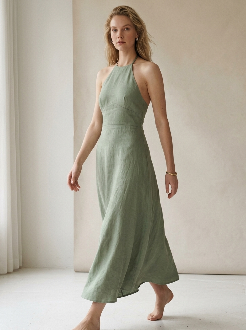 Sage Green Linen Halter Neck Midi Dress