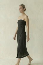 Black Linen Strapless Midi Dress